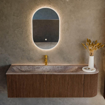 MONDIAZ KURVE-DLUX Meuble de salle de bains 145cm arrondi à droite couleur Walnut avec 1 tiroir et 1 porte. Lavabo BIG LARGE à gauche 1 trou de robinet Oza.