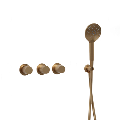 Fortifura Nebbio Ensemble combiné bain - mitigeur thermostatique - coude mural avec support de douchette - flexible de douche lisse - douchette ronde - Remplissage-vidage de baignoire - laiton brossé PVD (or)