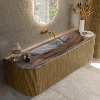 MONDIAZ KURVE-DLUX Meuble de salle de bains 150cm arrondi gauche + droite couleur Dusk avec 1 tiroir et 2 portes. Plan-vasque BIG MEDIUM Milieu sans trou de robinet Sombra.