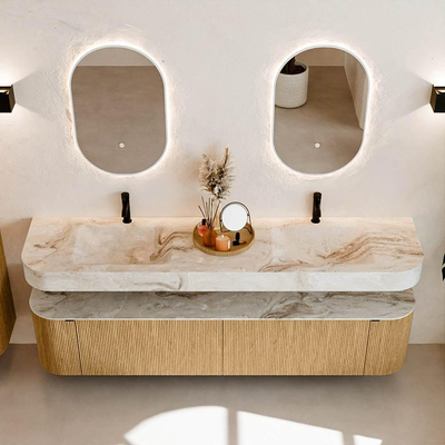 MONDIAZ THOR-DLUX 200cm meuble de salle de bains arrondi gauche + droite couleur Oak avec 2 tiroirs et 2 portes. Vasque suspendue CLOUD Double 2 trous de robinet couleur Frappe.