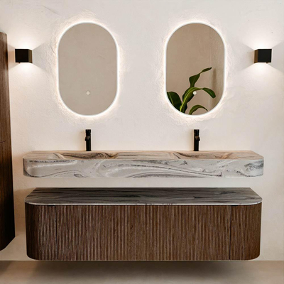 MONDIAZ THOR-DLUX 170cm badmeubel ronding links + rechts kleur Walnut met 1 lade en 2 deuren. Vrijhangende wastafel CLOUD Dubbel 2 kraangaten kleur Sombra.
