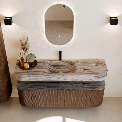 MONDIAZ THOR-DLUX 150cm meuble de salle de bains arrondi gauche + droite couleur Walnut avec 1 tiroir et 2 portes. Vasque suspendue CLOUD Milieu 1 trou de robinet couleur Sombra.