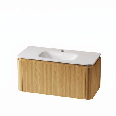 Royal Plaza Terra Badkamermeubelset - 100x46.2x46cm - solid surface wastafel wit glans - 1 wasbak - 1 kraangat - 2 lades - sandwood (licht eiken)