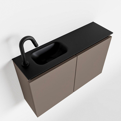 MONDIAZ TURE Kit lave-mains - 80x23x50cm - 1 trou de robinet - 2 portes - fumée mate - Lavabo à gauche - Solid Surface Noir