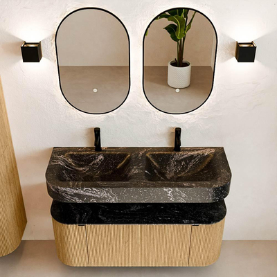 MONDIAZ THOR-DLUX 120cm badmeubel ronding links + rechts kleur Oak met 1 lade en 2 deuren. Vrijhangende wastafel CLOUD Dubbel 2 kraangaten kleur Lava.