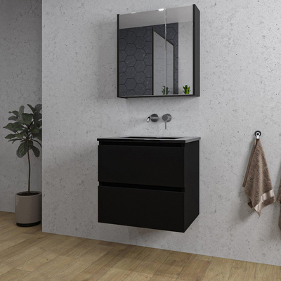 Saniclass Chaci Meuble de salle de bain - 60x46x55cm - lavabo en céramique noir - 1 vasque - sans trou de robinet - 2 tiroirs - armoire miroir - noir mat