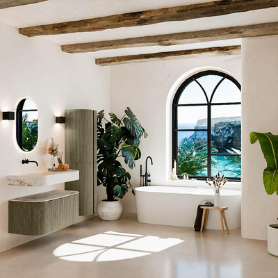 MONDIAZ THOR-DLUX 100cm meuble de salle de bains arrondi gauche + droite couleur Shadow avec 1 tiroir et 2 portes. Vasque suspendue CLOUD Gauche sans trou de robinet couleur Frappe.