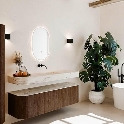 MONDIAZ THOR-DLUX 160cm meuble de salle de bains arrondi gauche + droite couleur Walnut avec 1 tiroir et 2 portes. Vasque suspendue CLOUD Milieu sans trou de robinet couleur Nata.