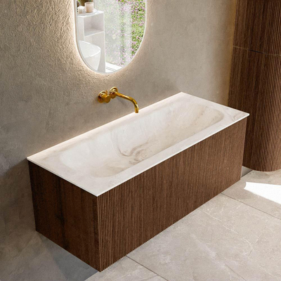 MONDIAZ KURVE-DLUX Meuble de salle de bains 110 cm couleur Walnut avec 1 tiroir. Lavabo BIG MEDIUM central sans trou de robinetterie couleur Frappe.