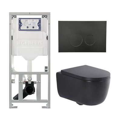 QeramiQ Dely Swirl Ensemble WC- 36.3x51.7cm - Réservoir encastré Geberit UP320 - Abattant de 35mm d'épaisseur - Plaque de commande en noir mat - Boutons ronds - Noir mat