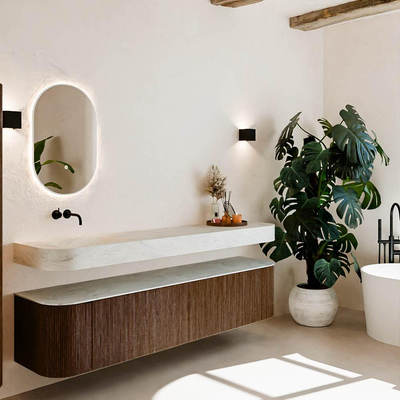 MONDIAZ THOR-DLUX Meuble de salle de bains - 200cm - arrondi gauche + droite - couleur Walnut - 2 tiroirs - 2 portes - Vasque suspendue CLOUD Gauche sans trou de robinet - couleur Opalo