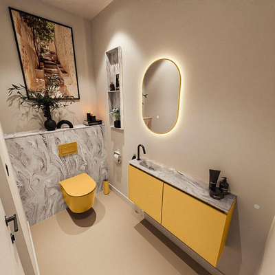 MONDIAZ TURE-DLUX Meuble toilette - 100cm - Ocher - EDEN - vasque Glace - position gauche - 1 trou de robinet