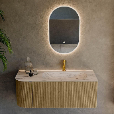 MONDIAZ KURVE-DLUX 115cm badmeubel ronding Links kleur Dusk met 1 lade en 1 deur. Wastafel BIG SMALL Rechts 1 kraangat Nata.