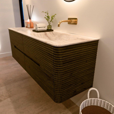 Mondiaz CIRO-DLUX Badkamermeubelset - 150x45x50cm - Solid surface wastafel Frappe - 1 wasbak Rechts - zonder kraangaten - 4 lades - Shadow