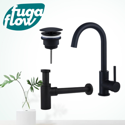 FugaFlow Eccelente Sobrado Badkamer Wastafelkraanset - hoge wastafelkraan - draaibare uitloop - always open plug - design sifon - Mat zwart