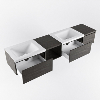 MONDIAZ BUKLA 200cm ensemble de meuble avec module ouvert 40 gauche couleur Marron Foncé avec 3 tiroirs. Lavabo CLOUD double 0 trou de robinet couleur Talc.