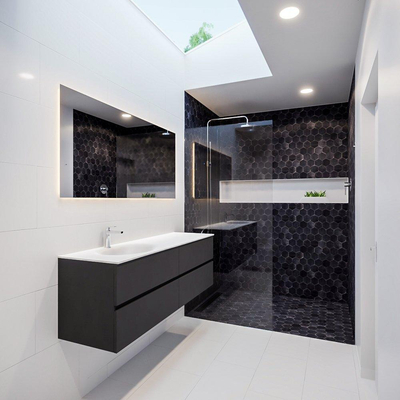 MONDIAZ VICA Ensemble de meuble salle de bain - 150cm - 4 tiroirs - lavabo Moon gauche - 1 trou de robinet - solid surface gris foncé