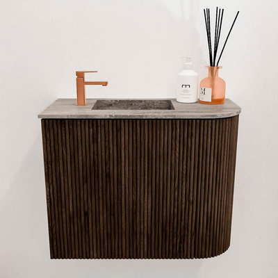 Mondiaz JOYA-DLUX 51.6cm toiletmeubel - ronding rechts kleur Walnut - Wastafel FAYE positie Links 1 kraangat kleur Oza.