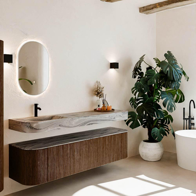 MONDIAZ THOR-DLUX 180cm meuble de salle de bains arrondi gauche + droite couleur Walnut avec 2 tiroirs et 2 portes. Vasque suspendue CLOUD Gauche 1 trou de robinet couleur Sombra.