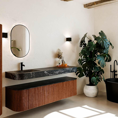 MONDIAZ THOR-DLUX 180cm meuble de salle de bains arrondi gauche + droite couleur Ruby avec 2 tiroirs et 2 portes. Vasque suspendue CLOUD Gauche 1 trou de robinet couleur Lava.