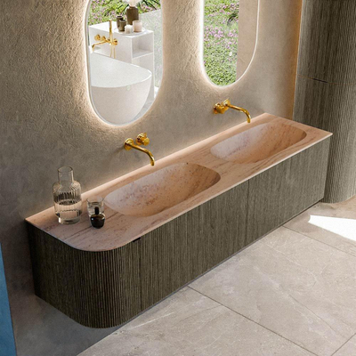 MONDIAZ KURVE-DLUX Meuble de salle de bains 175cm arrondi à gauche couleur Shadow avec 2 tiroirs et 1 porte. Lavabo STOR SMALL Double / Droit sans trou de robinet Saba.