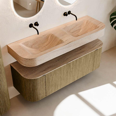 MONDIAZ THOR-DLUX 140cm meuble de salle de bains arrondi gauche + droite couleur Dusk avec 1 tiroir et 2 portes. Vasque suspendue CLOUD Double sans trou de robinet couleur Saba.