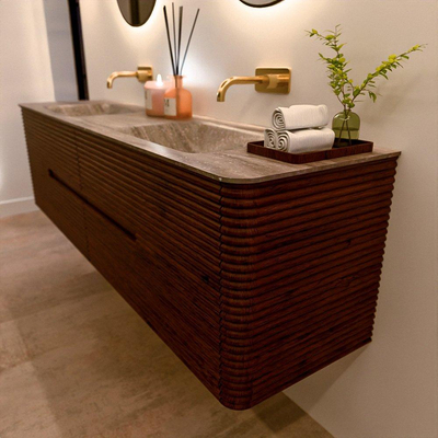 Mondiaz CIRO-DLUX Meuble de salle de bains - 180x45x50cm - Plan vasque solid surface Oza - 2 vasques Double - sans trous de robinetterie - 4 tiroirs - Ruby