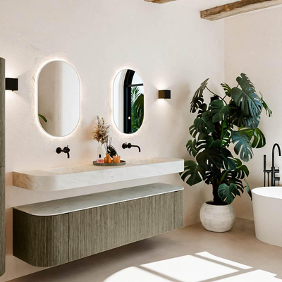 MONDIAZ THOR-DLUX Meuble de salle de bains 180cm arrondi gauche + droite couleur Shadow avec 2 tiroirs et 2 portes. Vasque suspendue CLOUD Double sans trou de robinet couleur Opalo.