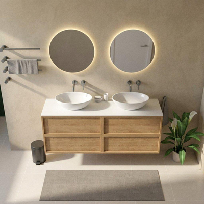 Saniclass Holz Frame Ensemble de meubles de salle de bains - 160x45x62.5cm - plan de travail Torino en solid surface blanc - sans trou de robinetterie - 4 tiroirs - chêne naturel mat (bois)