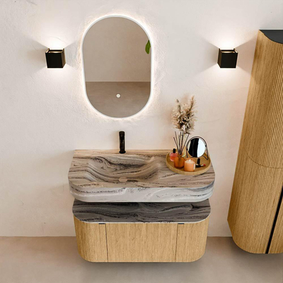 MONDIAZ THOR-DLUX 100cm meuble de salle de bains arrondi gauche + droite couleur Oak avec 1 tiroir et 2 portes. Vasque suspendue CLOUD Gauche 1 trou de robinet couleur Sombra.