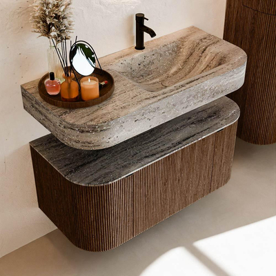 MONDIAZ THOR-DLUX 100cm badmeubel ronding links + rechts kleur Walnut met 1 lade en 2 deuren. Vrijhangende wastafel CLOUD Rechts 1 kraangat kleur Oza.