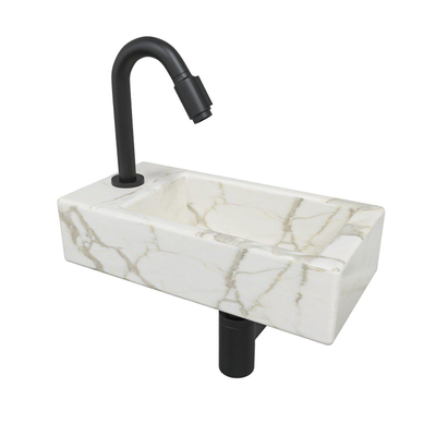 Wiesbaden Mini-Rhea Links fonteinset 36x18x9cm Carrara marmerlook wit incl. victoria luxe fonteinkraan zwart mat