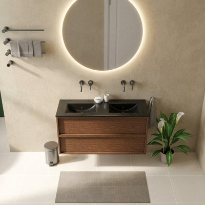 Saniclass Holz Frame Ensemble de meubles de salle de bains - 120x45x62cm - Vasque Vygo en céramique noire - 2 vasques - sans trous de robinet - 2 tiroirs - walnut pure mat (bois)