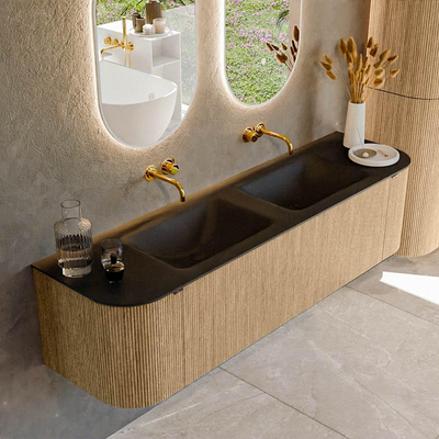 MONDIAZ KURVE 170cm meuble de salle de bains avec module 25 Len R couleur Chêne avec 1 tiroir et 2 portes. Lavabo CLOUD double sans trou de robinet Urban.