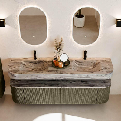 MONDIAZ THOR-DLUX 180cm meuble de salle de bains arrondi gauche + droite couleur Shadow avec 2 tiroirs et 2 portes. Vasque suspendue CLOUD Double 2 trous de robinet couleur Sombra.