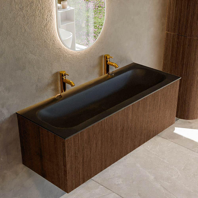 MONDIAZ KURVE 120cm badmeubel kleur Walnut met 1 lade. Wastafel BIG LARGE midden 2 kraangaten Urban.