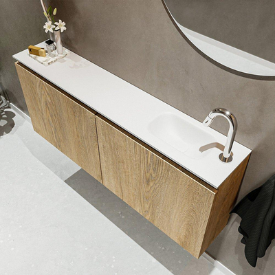 MONDIAZ TURE Toiletmeubel 120x23x50cm met 1 kraangaten 2 deuren washed oak mat Wastafel Eden rechts Solid Surface Wit