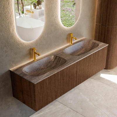 MONDIAZ KURVE-DLUX Meuble de salle de bains 150cm couleur Walnut avec 2 tiroirs et 0 portes. Lavabo STOR SMALL Double 2 trous de robinet Oza.