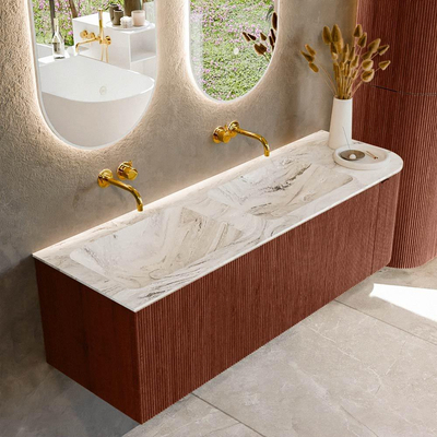 Mondiaz KURVE-DLUX Ensemble de meubles de salle de bains - 145x46x40cm - 1 tiroir - 1 porte - lavabo solid surface - double / gauche - sans trou de robinet - Ruby