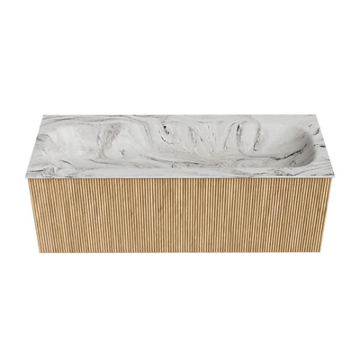 MONDIAZ KURVE-DLUX 120cm badmeubel kleur Oak met 1 lade. Wastafel BIG LARGE midden zonder kraangat kleur Glace.