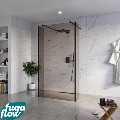 FugaFlow Eccelente Vetro Vrijstaande inloopdouche badkamer - 110x200cm - Rookglas - antikalk - 8mm veiligheidsglas - 2 zijwanden 40cm - met wandarmen en hoekprofielen - Zwart mat -
