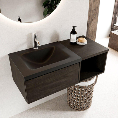 MONDIAZ BUKLA 100cm badmeubel met open module 40 kleur Dark Brown met 1 lade. Wastafel CLOUD links 1 kraangat kleur Urban.