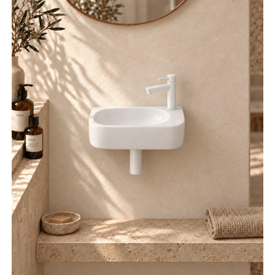QeramiQ Fuente pack lave-mains – 40 x 21,5 x 12 cm – céramique blanc brillant – perçage à droite – robinet blanc mat