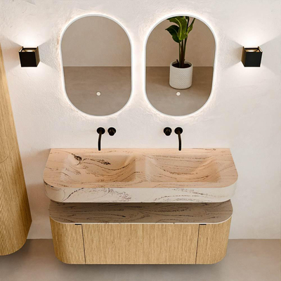 MONDIAZ THOR-DLUX 130cm badmeubel ronding links + rechts kleur Oak met 1 lade en 2 deuren. Vrijhangende wastafel CLOUD Dubbel zonder kraangat kleur Arena.