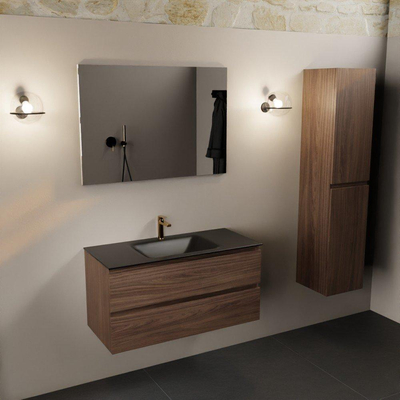Mondiaz AIVY Ensemble de meuble - 100x45x50cm - 1 trou de robinet - 1 vasque Urban Solid surface - Centre - 2 tiroirs - avec miroir - Melamine Mocha