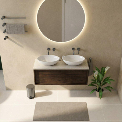 Saniclass Holz Frame Ensemble meuble de salle de bains - 120x45x43cm - Plan de travail en pierre naturelle travertin - sans trou de robinet - 1 tiroir - chêne charcoal mat (bois)