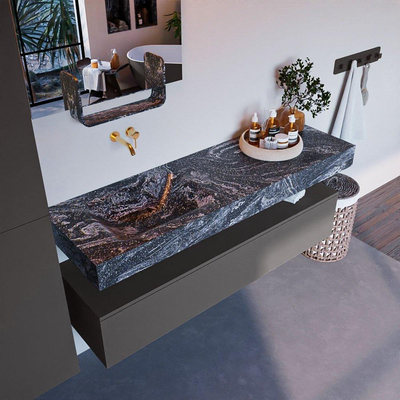 Mondiaz ALAN-DLUX Ensemble de meuble - 150cm - meuble Dark grey mat - 1 tiroir - Lavabo Cloud Lava suspendu - vasque Gauche - 0 trous de robinet