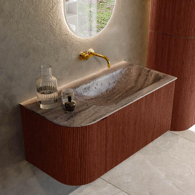 MONDIAZ KURVE-DLUX Meuble de salle de bains 95cm arrondi à gauche couleur Ruby avec 1 tiroir et 1 porte. Lavabo BIG SMALL à droite sans trou de robinet Oza.