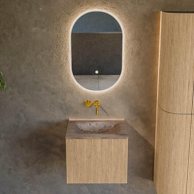 MONDIAZ KURVE-DLUX 50cm badmeubel kleur Oak met 1 lade en 0 deuren. Wastafel GRUNNE Midden zonder kraangat Oza.