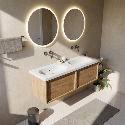 Saniclass Holz Frame Badkamermeubelset - 140x45x43.5cm - Palermo keramische wastafel wit - 2 wasbakken - zonder kraangaten - 2 lades - mat eiken natural (hout)
